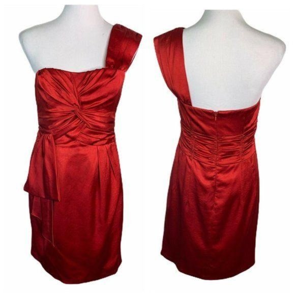 Nanette Lepore Dresses & Skirts - Nanette Lepore Red Satin One Shoulder Ruched Dress